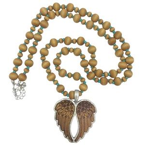 Wood Bead Burn Art Angel Wing Long Necklace